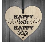 RED OCEAN Happy Wife Happy Life Novelty Wooden Hanging Heart Love Plaque Anniversary