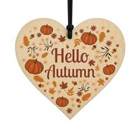 Red Ocean Hello Autumn Decorations Hanging Wooden Heart Plaque Autumn Printed Leaves and Pumpkins Maple Autumnal Accessories Decor for Thanksgiving