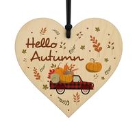 Red Ocean Hello Autumn Decorations Wooden Heart Hanging Plaque Autumn Printed Leaves and Pumpkins, Maple Autumnal Accessories Decor for Thanksgiving and Fall