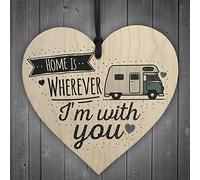 RED OCEAN Home Is With You Caravan Camping Wood Heart Sign Plaque Novelty Shabby Chic Retirement Love Gift