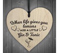 RED OCEAN Life Gives Lemons Add Gin & Tonic Novelty Wooden Hanging Heart Friendship Plaque