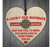 Red Ocean Lucky Sixpence Happy Birthday Wooden Hanging Heart Plaque