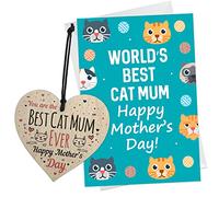 RED OCEAN Mothers Day Card For Best Cat Mum - Funny Mothers Day Wooden Heart And Card For Mum - Funny Mothers Day Card From The Cat - Novelty Mother's Day Cards