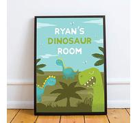 RED OCEAN Personalised Dinosaur Room Wall Art Framed Print Pictures Boys Bedroom Decor Nursery (A4 Print with Black Frame - PERSONALISED Dinosaur Scene)
