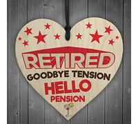 RED OCEAN Retired Goodbye Tension Hello Pension Wooden Hanging Heart Plaque Sign Fun Gift