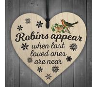 RED OCEAN Robins Appear When Lost Loved Ones Are Near Wooden Hanging Heart Memorial Christmas Tree Decoration Plaque