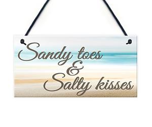 Red Ocean Sandy Toes & Salty Kisses Nautical Seaside Theme Hanging Plaque Bathroom Bedroom Beach Sign