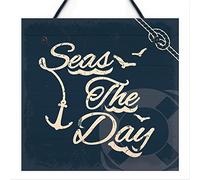 Red Ocean Seas The Day Nautical Seaside Coastal Bathroom Toilet Hanging Wall Sign Chic Vintage Home Decor