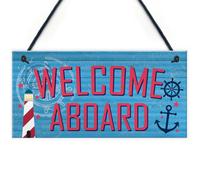 Red Ocean Welcome Aboard Nautical Seaside Marine Theme Gift Hanging Plaque Bathroom Bedroom Boat Sign