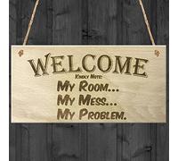 Red Ocean Welcome Kindly Note My Room My Mess My Problem Funny Wooden Hanging Plaque Novelty Gift Messy Bedroom Sign