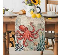 Red Octopus Ocean Starfish Coral Table Runner 72 Inches Long,Table Runners Kitchen Dining Tables Decoration for Home Party Decor, Retro Nautical Theme Tables Runner Wedding Dresser Scarf