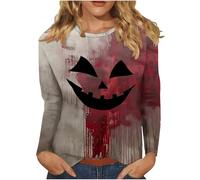 Red of The Day Crewneck T Shirt for Women Fall Summer Long Sleeve Ghost Blood Happy Festival Halloween Lounge Medieval Cute Funny Tops Shirt Womens Clothing Trendy Regular Fit S