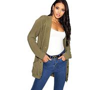 Red Olives New Women's Ladies Long Sleeve Button Top Chunky Aran Cable Knitted Grandad Cardigan UK 8-26 (16-18, Khaki)