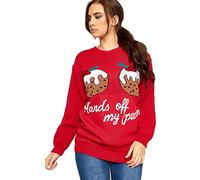 Red Olives Womens Celebrity Inspired Xmas Tartan Knitted Baggy Top Hands Off My Pudding Funny 2 Cupcakes Christmas Jumper UK 8-14