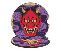 Red Oni Mask Car Cup Coasters 2 Pack Absorbent Cup Holder Coasters with A Finger Notch and Cork Base Cute Wood Coaster Cars Interior Accessories for Women Men