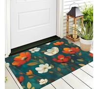 Red Orange Flowers Green Leaves Door Mats Indoor,Soft Low Pile Front Doormats,Oil Painting Plants Print Non-Slip Entrance Floor Rug,Carpet Kitchen Laundry Bathroom Bedroom Living Room,70X100Cm