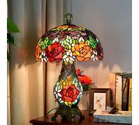 Red Orange Rose Stained Glass Tiffany Style Table Lamp Base - Handmade Night Light with 16 Inch Shade - Double The Comfort - Perfect Handcrafted Gift - 3 Light Desk Lamps for Living Room