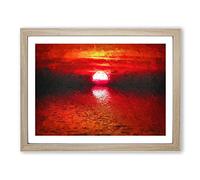 Red & Orange Sunset Above The Sea In Abstract Modern Art Framed Print | A2 Oak Framed Wall Art | Ready to Hang | Abstract Nautical Picture | Living Room Bedroom Lounge Office