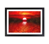 Red & Orange Sunset Above The Sea Painting Framed Print | A2 Black Framed Wall Art | Ready to Hang | Modern Nautical Picture | Living Room Bedroom Lounge Office