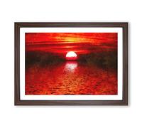 Red & Orange Sunset Above The Sea Painting Framed Print | A2 Walnut Framed Wall Art | Ready to Hang | Modern Nautical Picture | Living Room Bedroom Lounge Office
