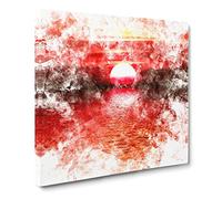 Red & Orange Sunset Above the Sea Watercolour Canvas Print | Gallery Wrapped 30mm Frame Wall Art | 14x14 inches | Ready to Hang | Coastal Seascape Picture | Living Room Bedroom Lounge Office