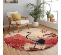 Red Oriental Cs Flower Round Rug Ø120 cm Washable Area Carpet 7mm Thin Non Slip Design for Living Room Bedroom Dining Room Kids Room Hallway