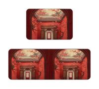 Red Oriental Painting Kitchen Mat Set of 2, Flannel Non-Slip Absorbent Runner Comfort Standing Mats, Washable Kitchen Rugs for Floor Sink Laundry Entryway, 16x24 + 17x47 Inch