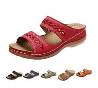 Red Orthopedic Wedge Sandals For Women 2026,Hollow Out Open Toe Arch Support Sandal Flats Slip On Embroidered Flowers Vintage Slippers Wide Width Beach Walking Casual Dressy Summer Shoes Size 5.5