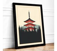 Red Pagoda Rising Japandi Framed Wall Art Print A1 Black | Ready to Hang, Premium Gi Paper, Fade-Resistant Inks, Securely Packaged, UK Made