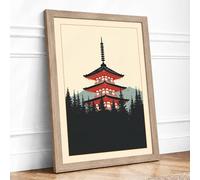 Red Pagoda Rising Japandi Framed Wall Art Print A3 (42×29.7cm) Oak, Wall Decor for Living Room, Bedroom, Office & Home, Ready to Hang, Art Gift