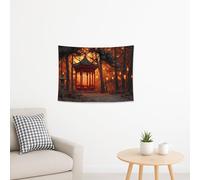 Red Pagoda Tapestry, Lanterns in Orange Forest Decorative Wall Hanging, Autumn Aesthetic for Living Room, Bedroom, Chill Vibe Decor 40x30 Inch