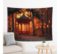 Red Pagoda Tapestry, Lanterns in Orange Forest Decorative Wall Hanging, Autumn Aesthetic for Living Room, Bedroom, Chill Vibe Decor 80x60 Inch