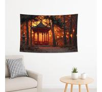 Red Pagoda Tapestry, Lanterns in Orange Forest Decorative Wall Hanging, Autumn Aesthetic for Living Room, Bedroom, Chill Vibe Decor 60x40 Inch