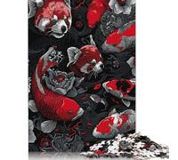 Red Panda And Koi Wooden Jigsaw Puzzle for Adults Fun 500 Piece Stress Relief Toy Home Decoration Toy Intellectual Game Education Game Challenge Educational 500pcs (52x38cm)