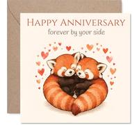 Red Panda Anniversary Card - Forever by Your Side - Two Red Pandas Curled into a Heart with Floating Hearts - 145mm Square, Envelope Included