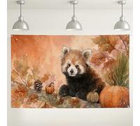Red Panda Autumn Backdrop, Rustic Fall Nature Scene Decorations for Photography, Pumpkin and Leaves Holiday Background for Kids Baby Shower Thanksgiving Party 71x43 Inch