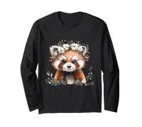 Red Panda Boho Chic Flower Crown Watercolour Art Long Sleeve T-Shirt