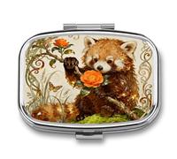 Red Panda Camellia Pill Box 2 Compartments Portable Travel Pill Case Mini Medicine Organizer for Pocket Purse Metal Waterproof Medicine Container Holder Vitamin Fish Oil