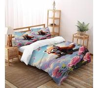 Red Panda Flowers Bedding Set Theme Bedspread Animal Themes Wildlife Duvet Cover Set Microfiber Comforter Cover Universal for All Seasons Pillowcase Super King(260x220cm)
