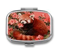 Red Panda in Azalea pilldispenser with Mirror 2 Compartments Waterproof PillCase for Purse Pocket Non-Slip Grip Travel Medicine Organizer Container Box for Vitamin Fish Oil Supplement