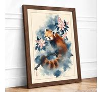 Red Panda in Bloom Botanical Framed Wall Art Print A1 (84.1×59.4cm) Walnut, Wall Decor for Living Room, Bedroom, Office & Home, Ready to Hang, Art Gift
