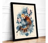 Red Panda in Bloom Botanical Framed Wall Art Print A3 (42×29.7cm) Black, Wall Decor for Living Room, Bedroom, Office & Home, Ready to Hang, Art Gift