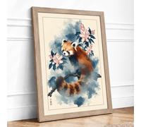 Red Panda in Bloom Botanical Framed Wall Art Print A3 (42×29.7cm) Oak, Wall Decor for Living Room, Bedroom, Office & Home, Ready to Hang, Art Gift