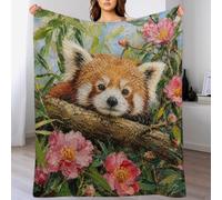 Red Panda in Pink Blossoms Throw Blanket Botanical Flannel Sofa Bed Cover