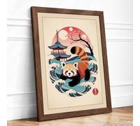 Red Panda in Waves Japandi Framed Wall Art Print A2 (59.4×42cm) Walnut, Wall Decor for Living Room, Bedroom, Office & Home, Ready to Hang, Art Gift