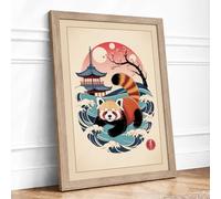 Red Panda in Waves Japandi Framed Wall Art Print A3 (42×29.7cm) Oak, Wall Decor for Living Room, Bedroom, Office & Home, Ready to Hang, Art Gift