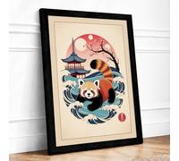 Red Panda in Waves Japandi Framed Wall Art Print A4 (29.7×21cm) Black, Wall Decor for Living Room, Bedroom, Office & Home, Ready to Hang, Art Gift