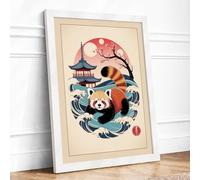 Red Panda in Waves Japandi Framed Wall Art Print A4 (29.7×21cm) White, Wall Decor for Living Room, Bedroom, Office & Home, Ready to Hang, Art Gift