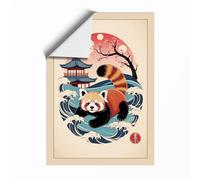 Red Panda in Waves Japandi Unframed Wall Art Print A3 (42×29.7cm), Wall Decor for Living Room, Bedroom, Office & Home, Art Gift