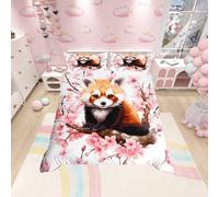Red Panda Kawaii Duvet Cover King Size,Pink Cherry Blossom Spring Comforter Cover for Adults Kids Bedroom Decor,Cute Wild Animal Nature Blooming Floral Bedding Set 2 Pillowcases,No Comforter